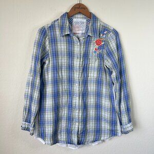 Kyla Seo Top Womens Small Blue Plaid Handmade Embroidered Floral Boho Shirt S